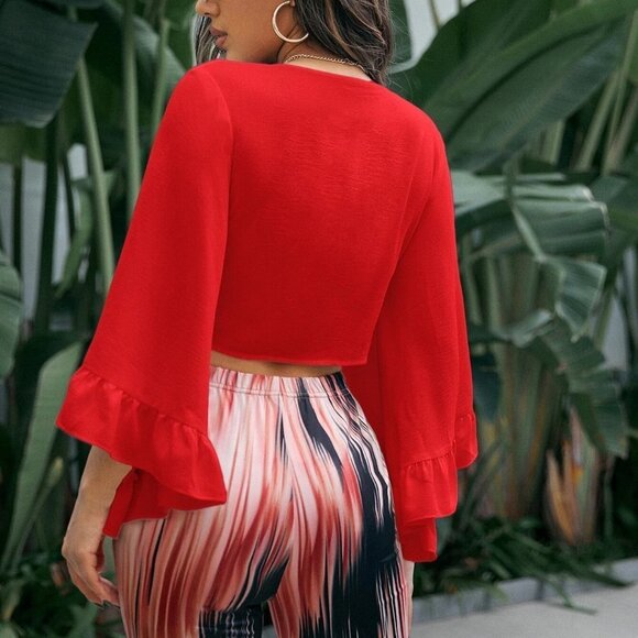 Red Boho Womens Ruffle Trim Flounce Sleeve Knot Front Crop Top - Picture 2 of 5